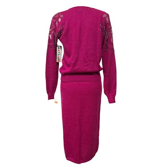 A’Milano Vintage Sweater Skirt Set 80s 90s Pink Beaded Fringe NWT Womens Medium - Picture 8 of 16